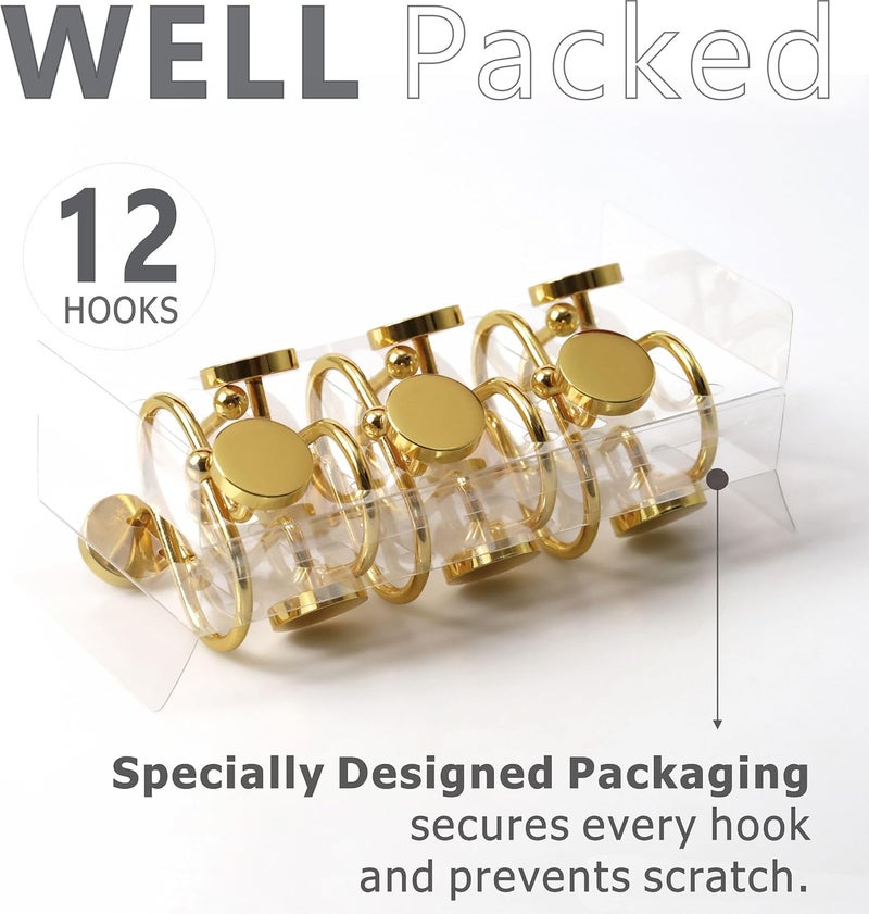 Popkozzi Brass Gold Shower Curtain Hooks: Round Button Design Heavy Metal Shower Curtain Rings for Bathroom - Modern Simple Decorative Shower Curtain Hangers for Shower Rod - Set of 12 - Image 2